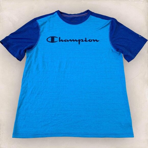 Champion T-Shirt Men’s Size Medium Blue Colorblock Spellout Fitness Sports - Picture 1 of 5